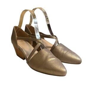Eileen Fisher Low Heel Shoes Sz 7 Poet Gold Shimmer Leather Crisscross Strappy